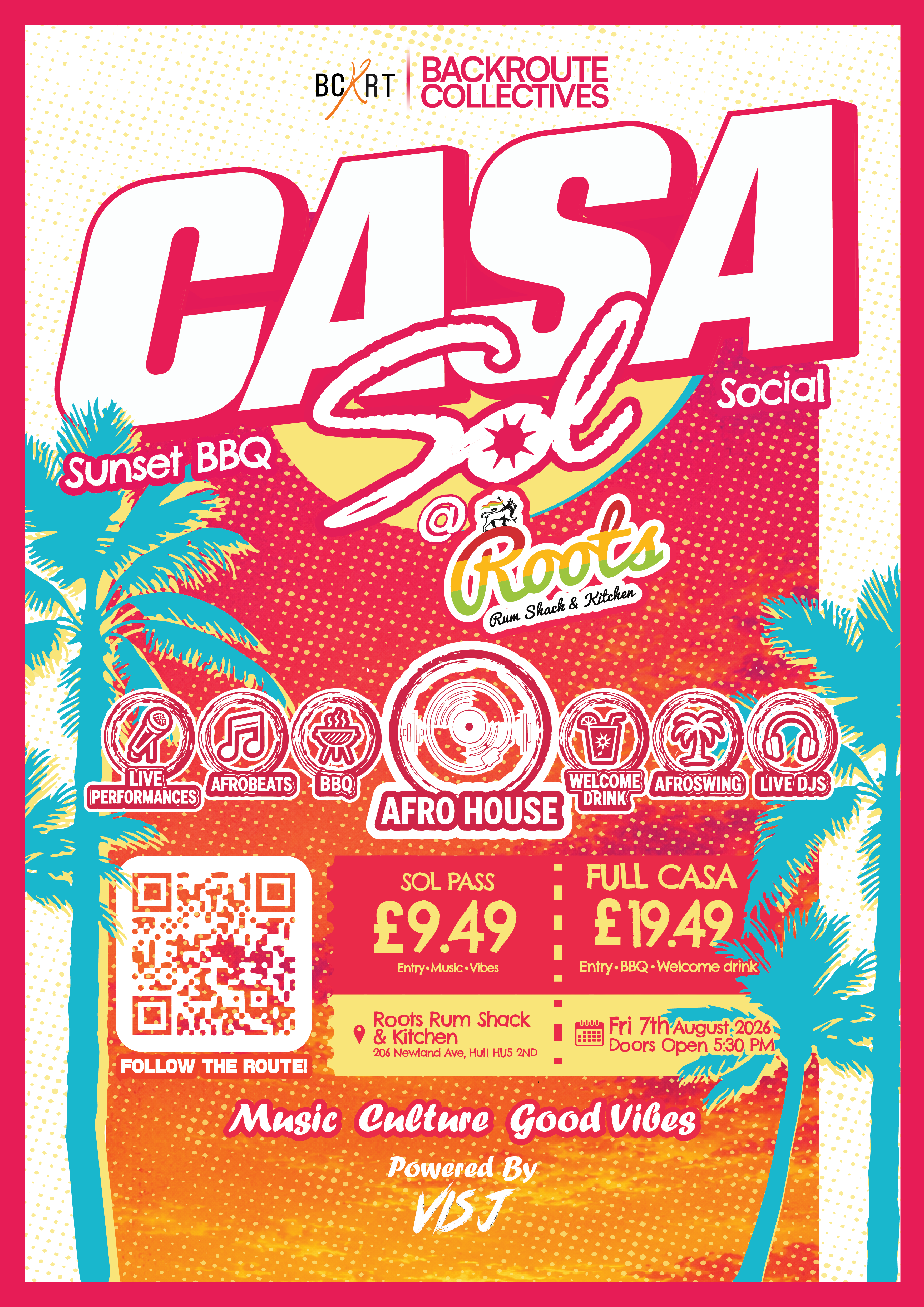 CASA SOL Social official event poster — Roots Rum Shack & Kitchen, Hull, 7th August 2026
